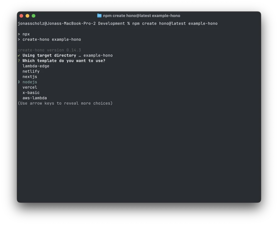 Selecting the nodejs template in the Hono project generator