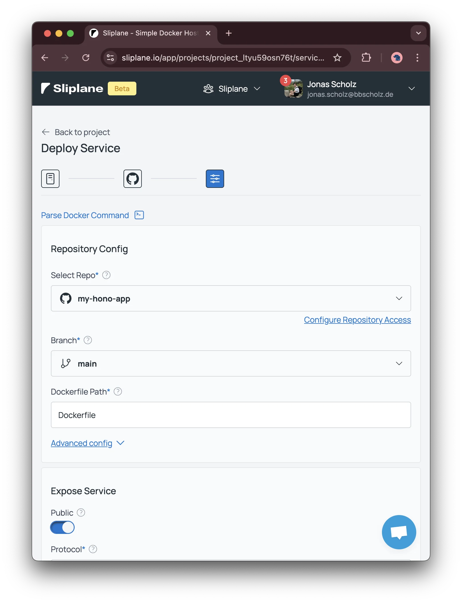 Repository and deployment settings in the original Sliplane interface