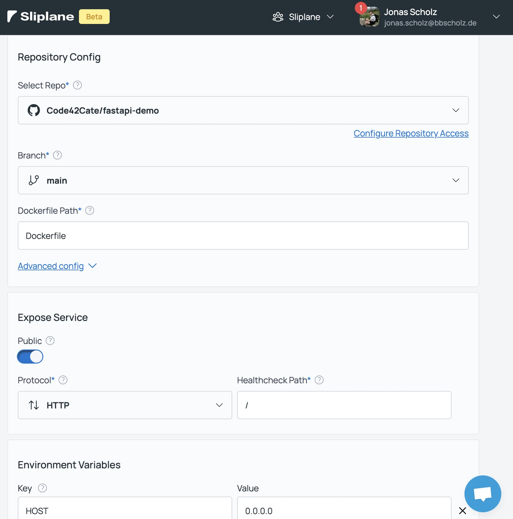 The Sliplane service creation form used in the original tutorial