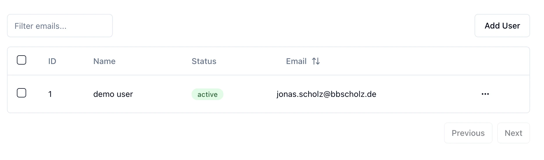 The starter's user table in the Next.js frontend