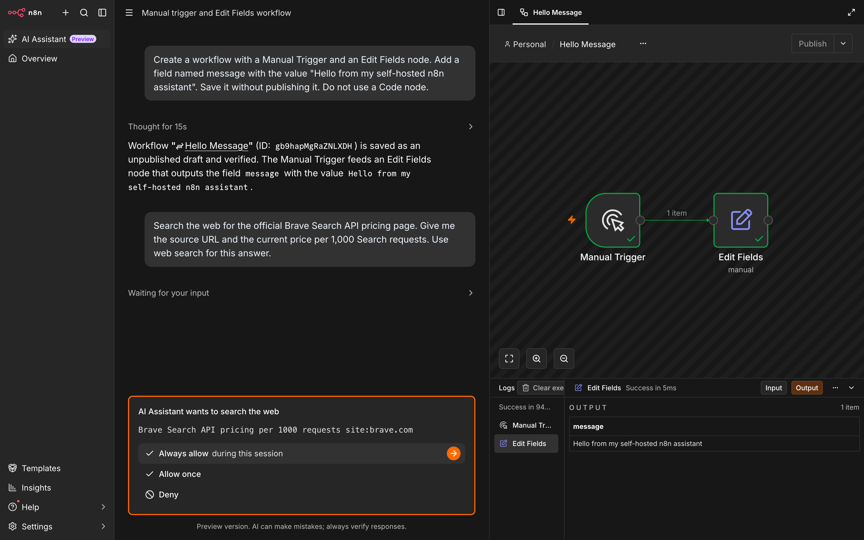 n8n AI Assistant asking for permission to search the web with Brave Search