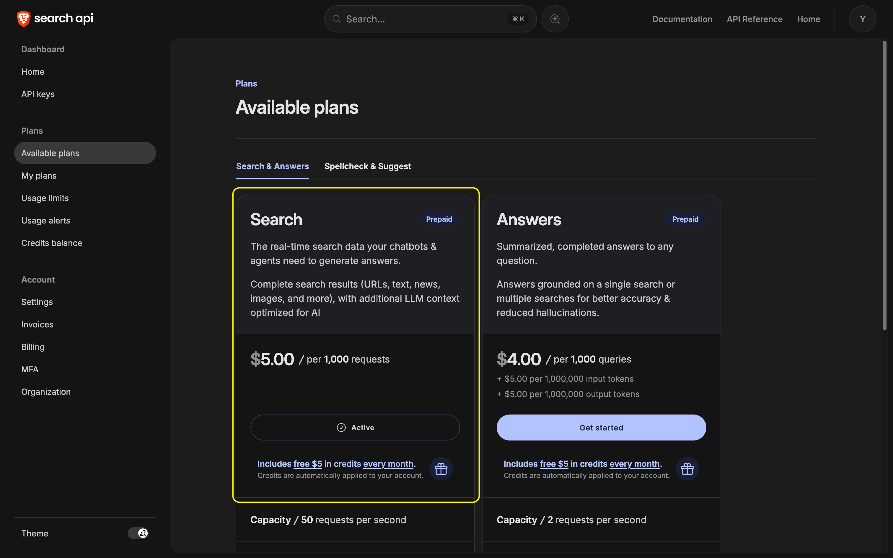 Brave Search API dashboard with the Search plan highlighted