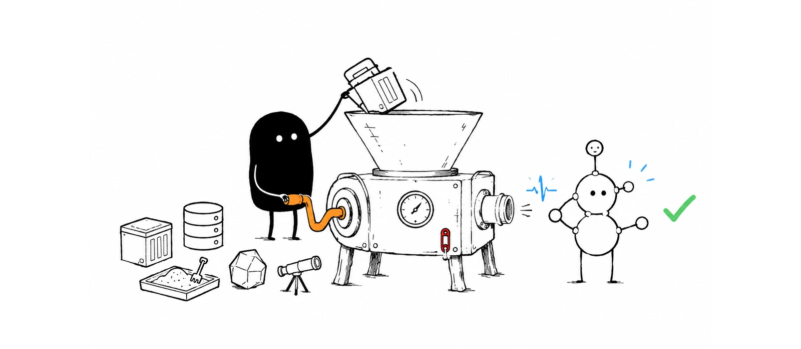 A hand-drawn black creature assembling an AI-assisted n8n production system