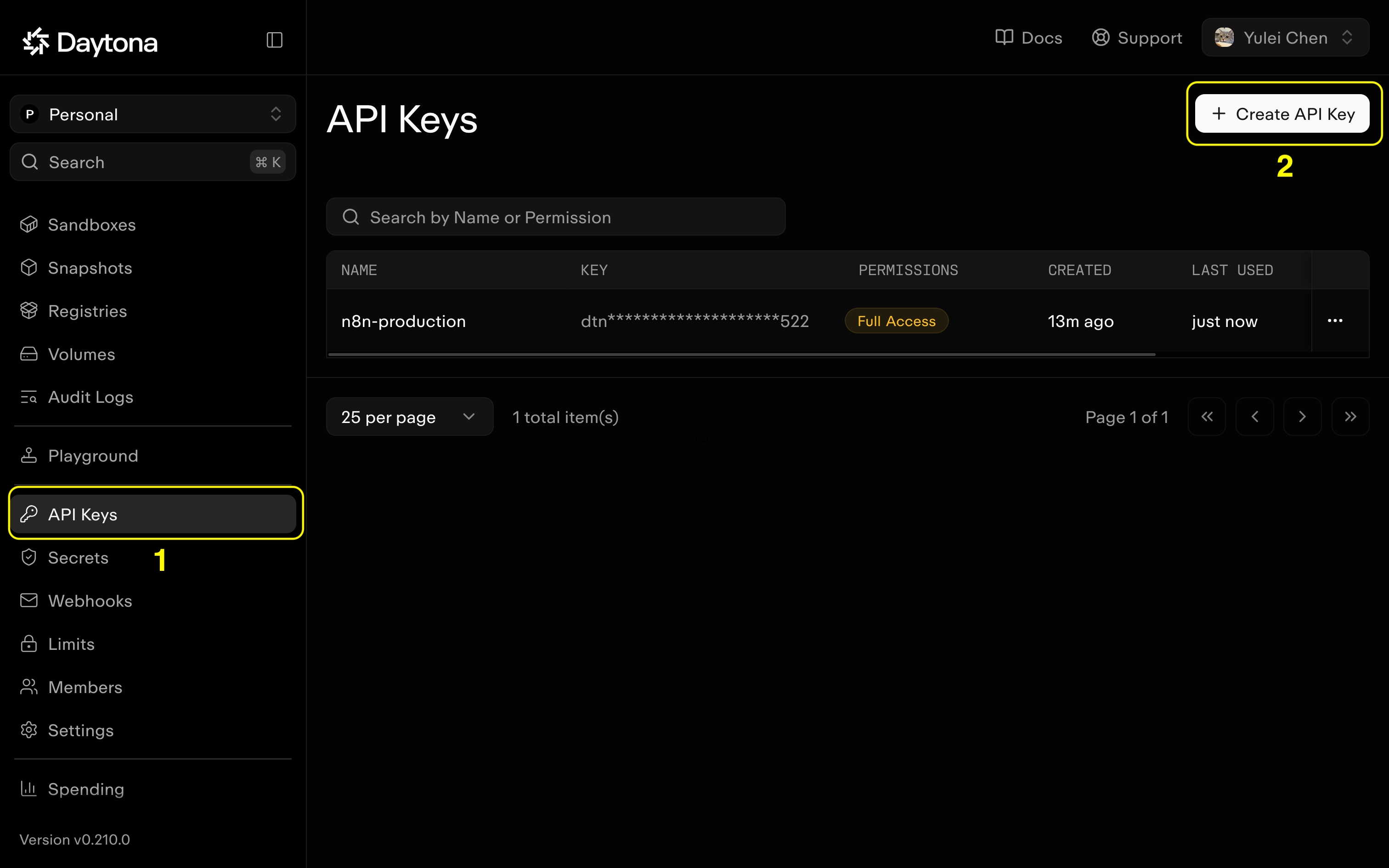 Daytona dashboard with API Keys and the Create API Key button highlighted