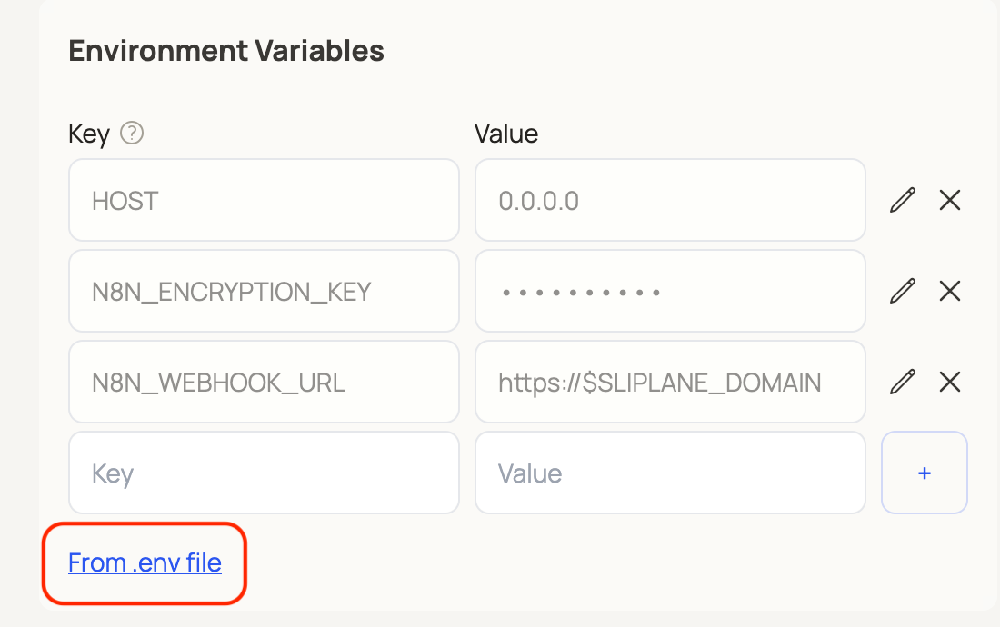 Sliplane Environment Variables section with From .env file highlighted for bulk import