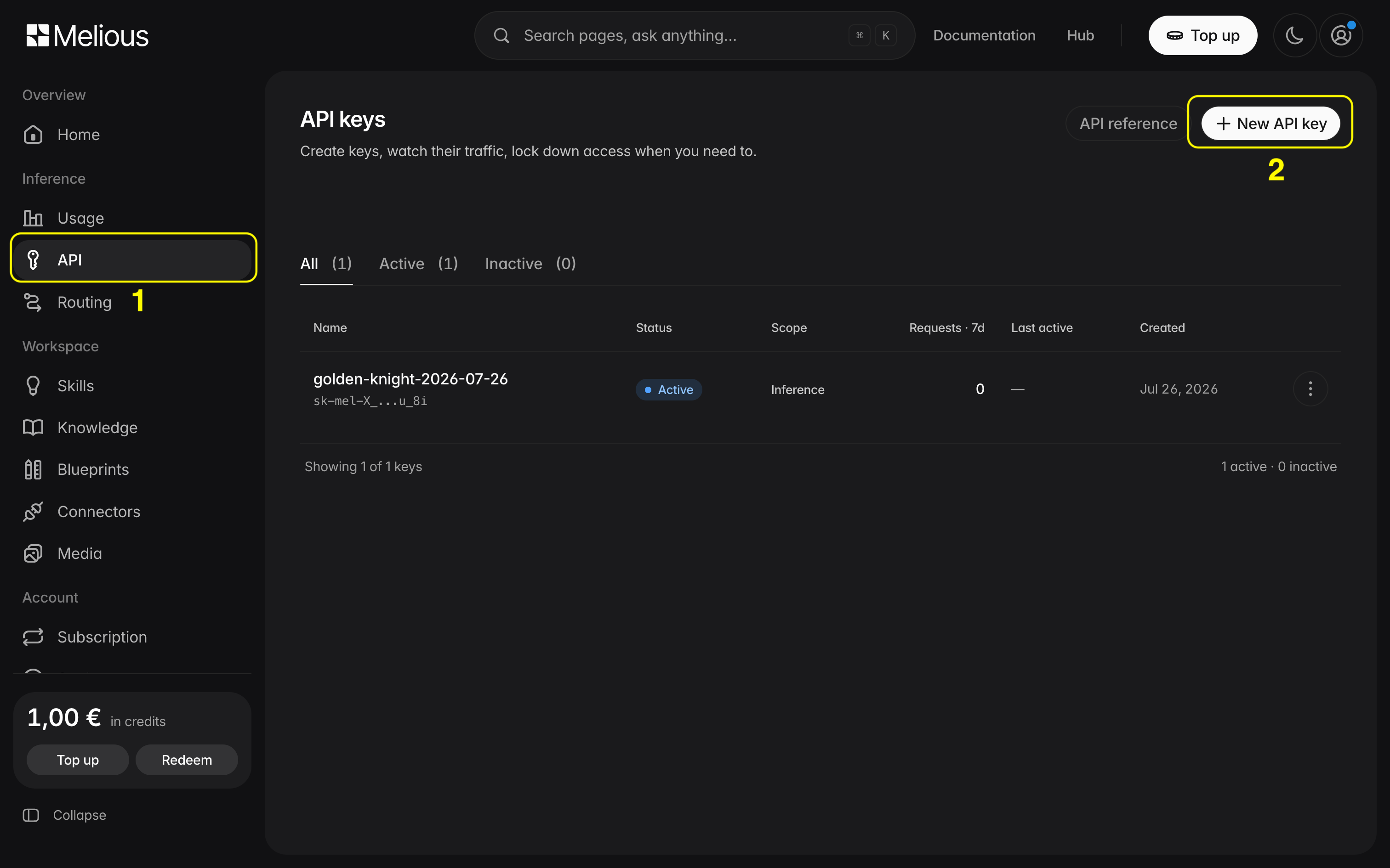 Melious dashboard with API and the New API key button highlighted