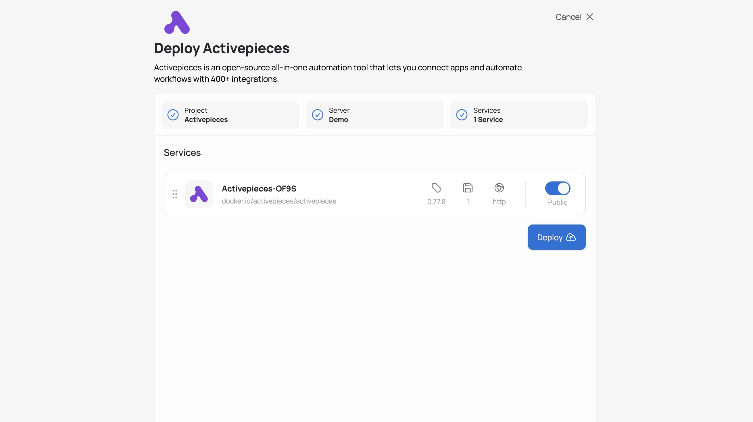 Sliplane App Screenshot Activepieces deployen