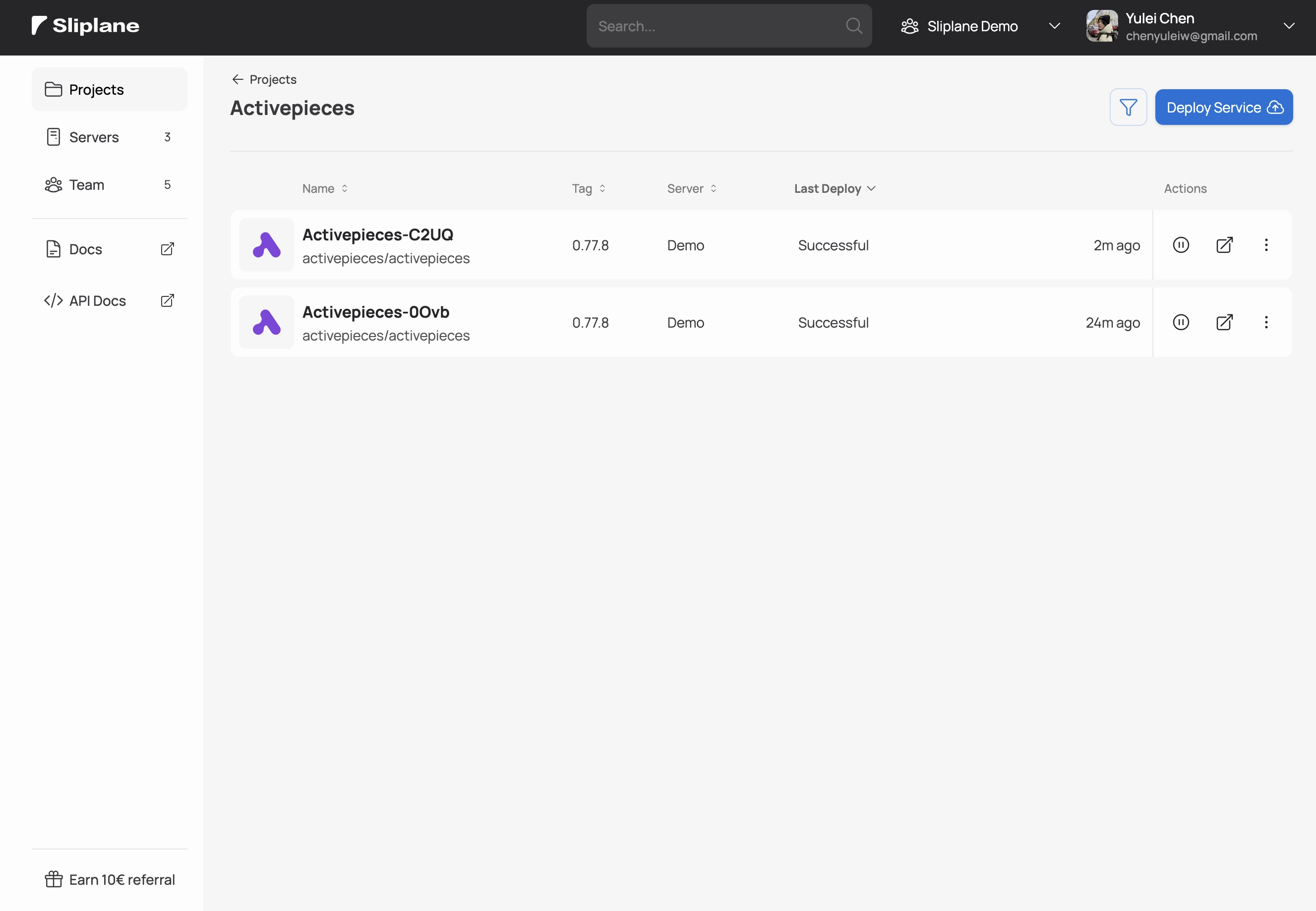 Sliplane App Screenshot Projekt organisieren