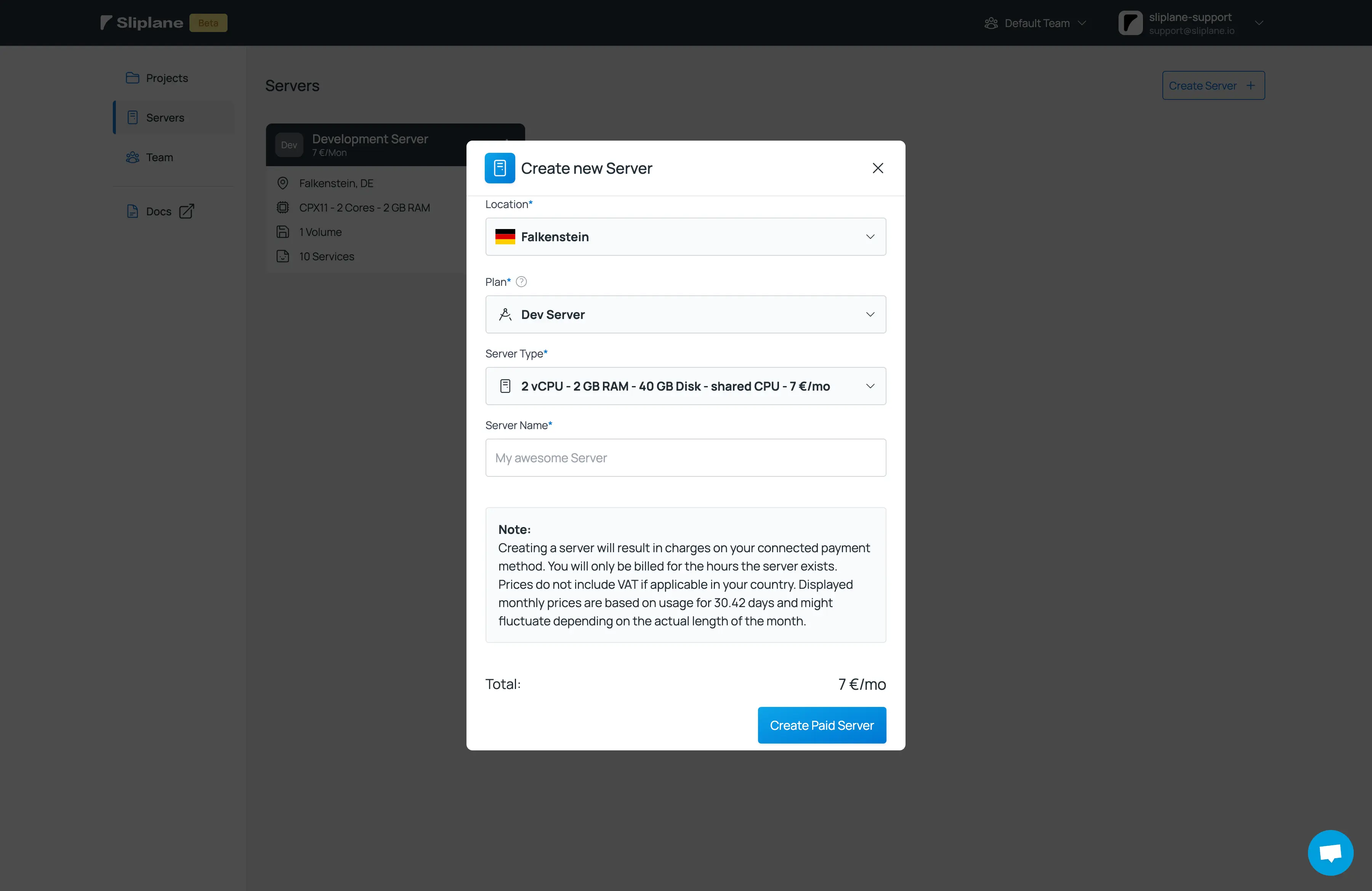 Sliplane App Screenshot des Server-Erstellungsdialogs