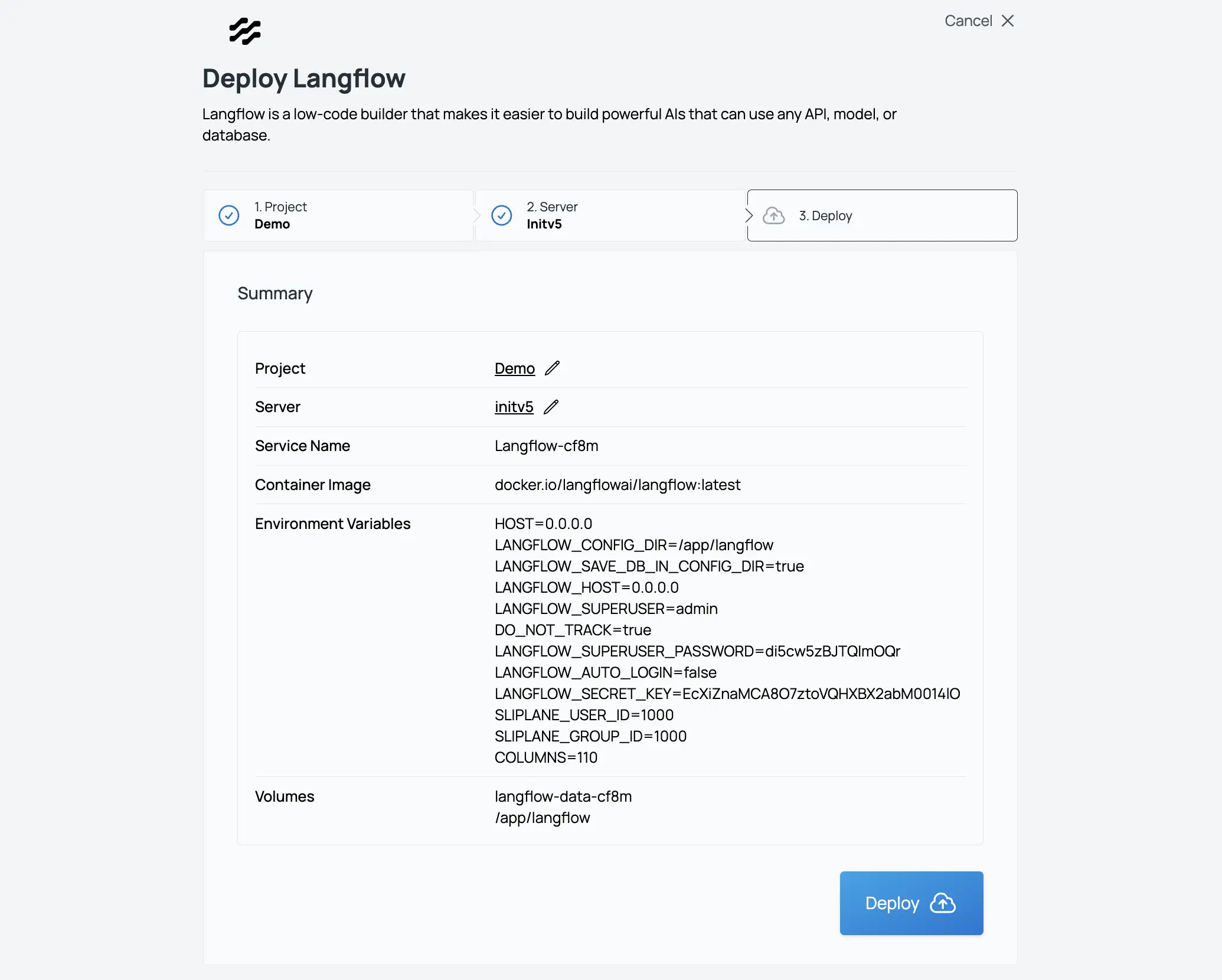 Sliplane App Screenshot Langflow deployen