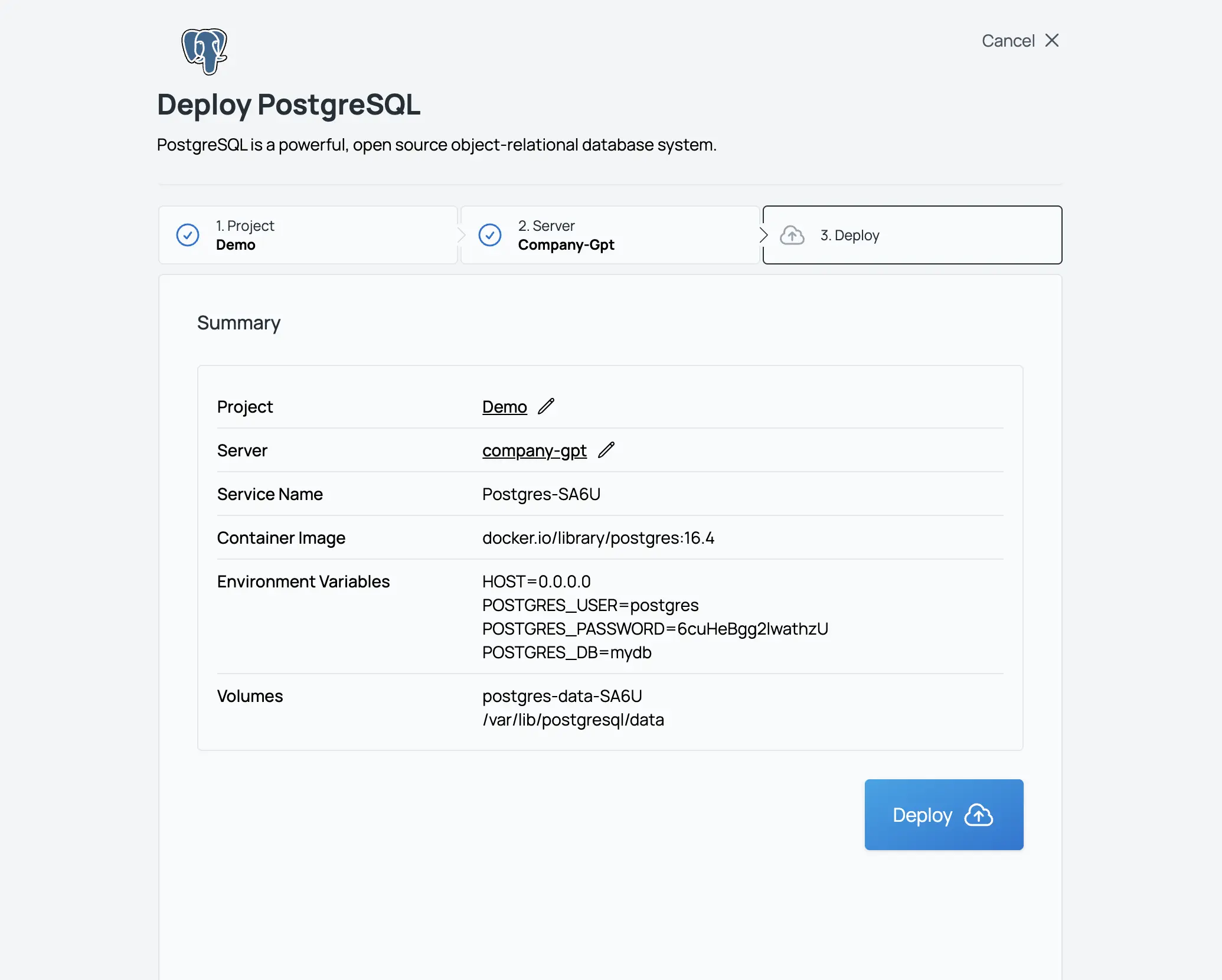 Sliplane App Screenshot Deploy PostgreSQL