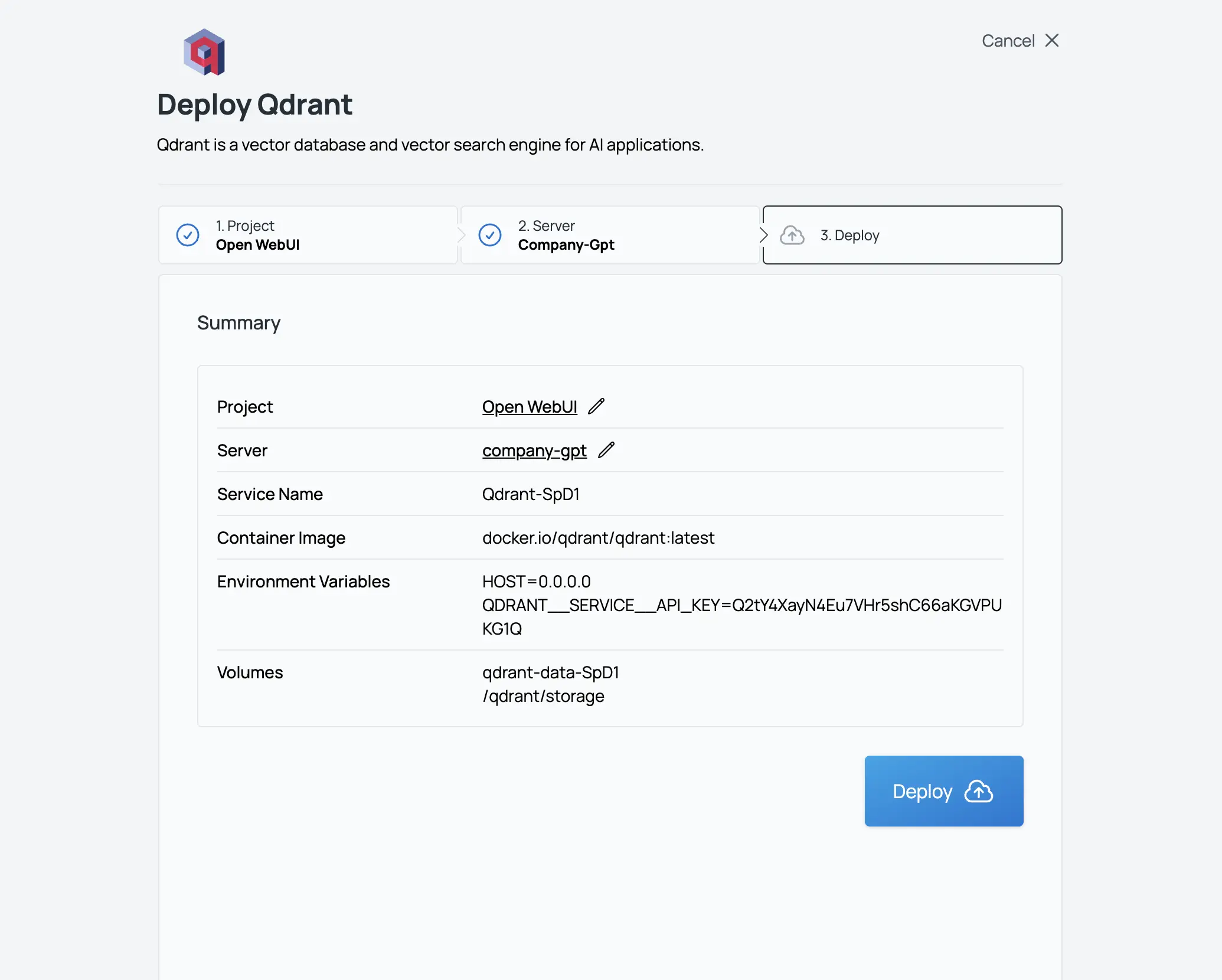 Sliplane App Screenshot Deploy Qdrant