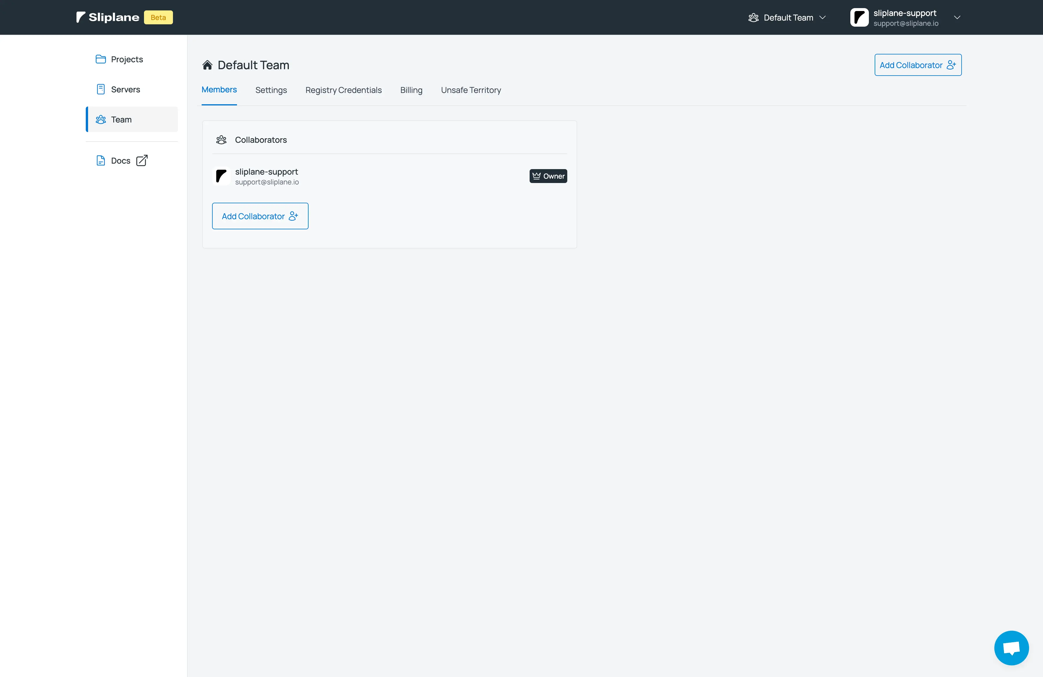 Sliplane App Screenshot der Team-Einstellungen